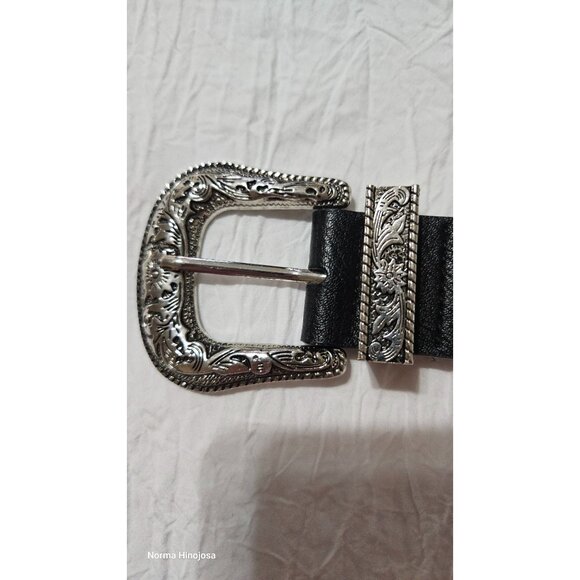 No Boundaries Western-Style Black Faux Leather Belt With Ornate Silver Buckle & - Picture 4 of 10